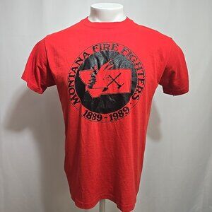 VTG 80s Montana Firefighters Single Stitch Tee Size Large Red 100th Anniversary